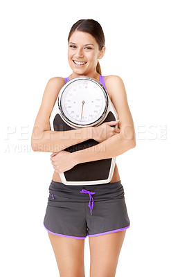 Buy stock photo Scale, portrait and woman smile with exercise, success and happy from health care. Workout, fitness and sport training of a healthy female athlete in studio with white background and wellness