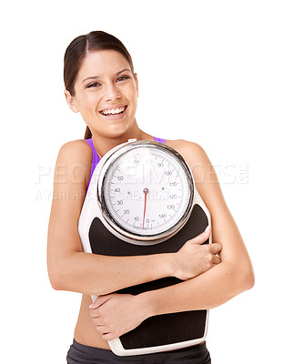 Buy stock photo Scale hug, portrait and woman with weight loss goal, success and smile from health progress. Workout, fitness and sport training of a female person in studio with white background and wellness