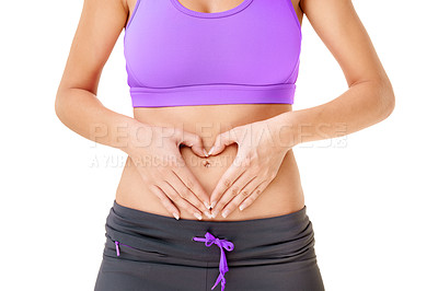 Buy stock photo Woman, heart hands and stomach for care in studio with gut health in digestion mock up on white background. Female person, gesture or abdomen for wellness of body, diet and nutrition by balanced meal