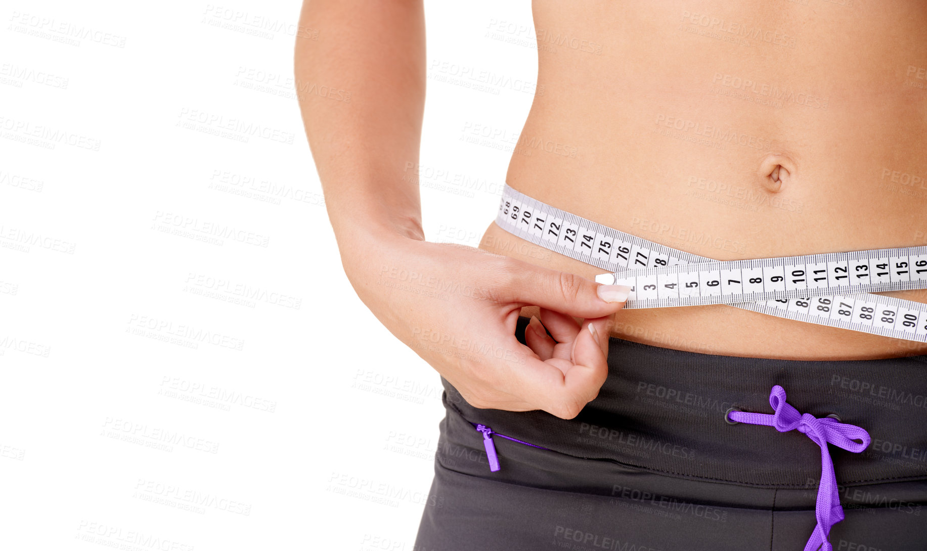 Buy stock photo Woman, measuring tape or stomach for weight loss in studio with fitness, wellness or body progress. Person, belly or waist with target for exercise, training or workout on white background and mockup