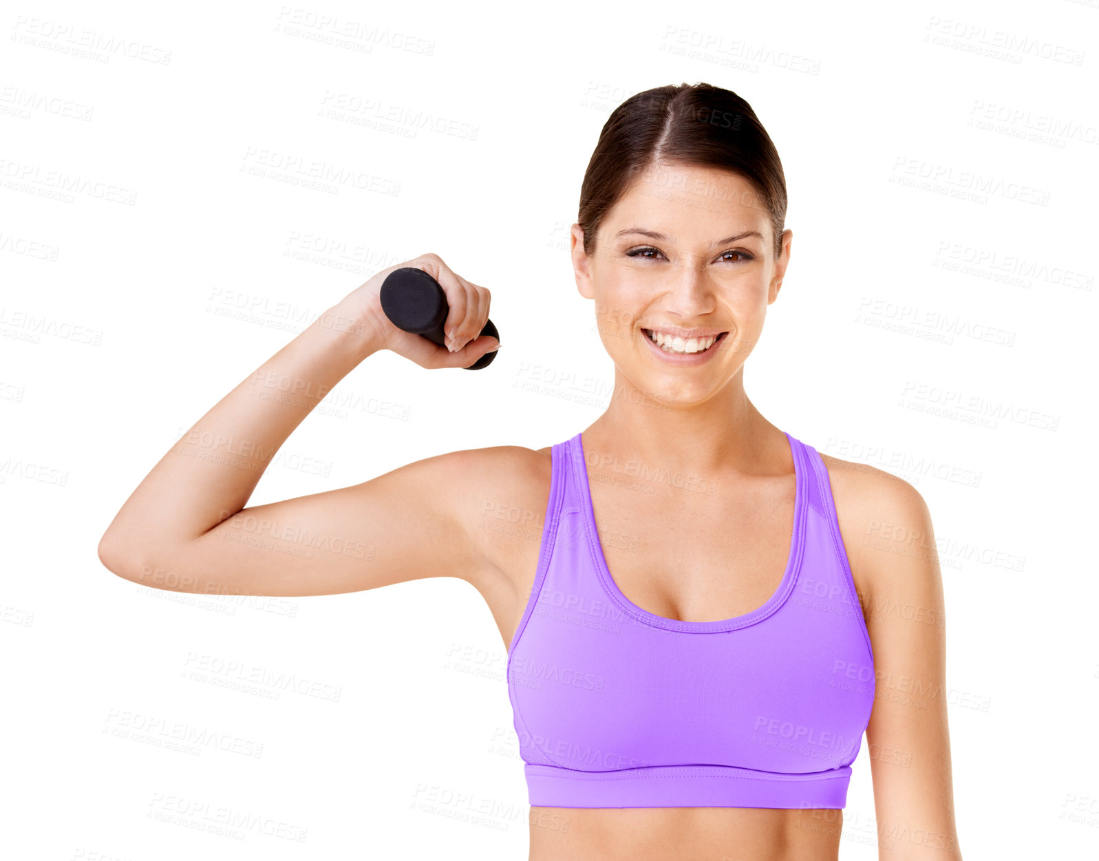 Buy stock photo Dumbbell, exercise and portrait of woman in workout for fitness, health and wellness in white background. Studio, mockup and girl weightlifting in strong bodybuilder, challenge or training for arms
