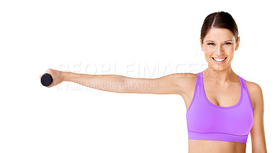 Buy stock photo Dumbbell, workout and portrait of woman in exercise for fitness, health or wellness in white background. Studio, mockup space or girl weightlifting for strong bodybuilding, challenge or training arms