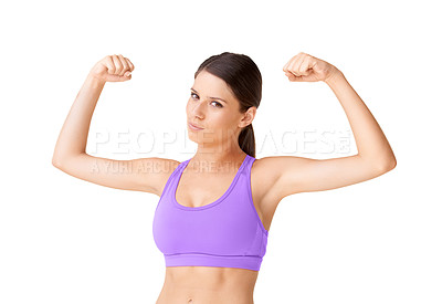 Buy stock photo Strong, flexing and portrait of woman with fitness from workout or sports in white background. Serious, athlete and pride from achievement, development or power in studio space with confidence
