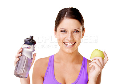 Buy stock photo Woman, apple and water bottle in portrait for healthy food choice, wellness and diet on a white background. Young model or vegan person with green fruit and liquid for detox or weight loss in studio