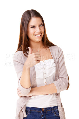 Buy stock photo Thumbs up, portrait and happy woman with support in studio for feedback, review or promo on white background. Vote, emoji and face of lady model with hand sign for excellence, motivation or thank you