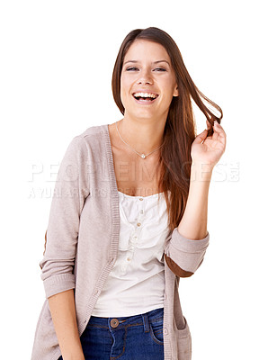 Buy stock photo Twirling, hair and portrait of woman with fashion or casual style in white background or studio. Happy, person and girl relax with confidence, pride and smile in mockup space or play with hairstyle