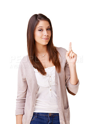 Buy stock photo Portrait, announcement and woman with hand pointing up in studio for promo on white background. Feedback, review and model face show menu direction, step or competition, prize or giveaway information