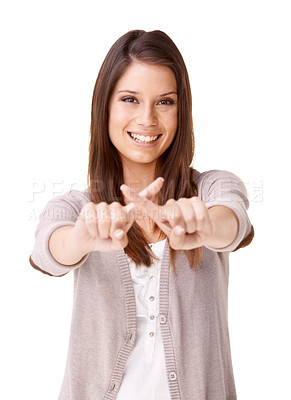 Buy stock photo Portrait of woman with smile, no hand gesture or warning to stop with confidence isolated on white background. X finger, cross and happy model girl with sign for wrong, rejection or blocked in studio