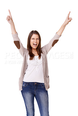 Buy stock photo Woman, hands and scream celebration in studio for achievement, winner for wow discount. Female person, model and cheers victory on white background as mockup space happy for award, bonus or yes deal