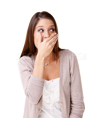 Buy stock photo Gossip, wow and hand on face of woman with surprise news in studio for announcement on white background. Emoji, drama and female model shocked by secret, story or deal, offer or competition giveaway