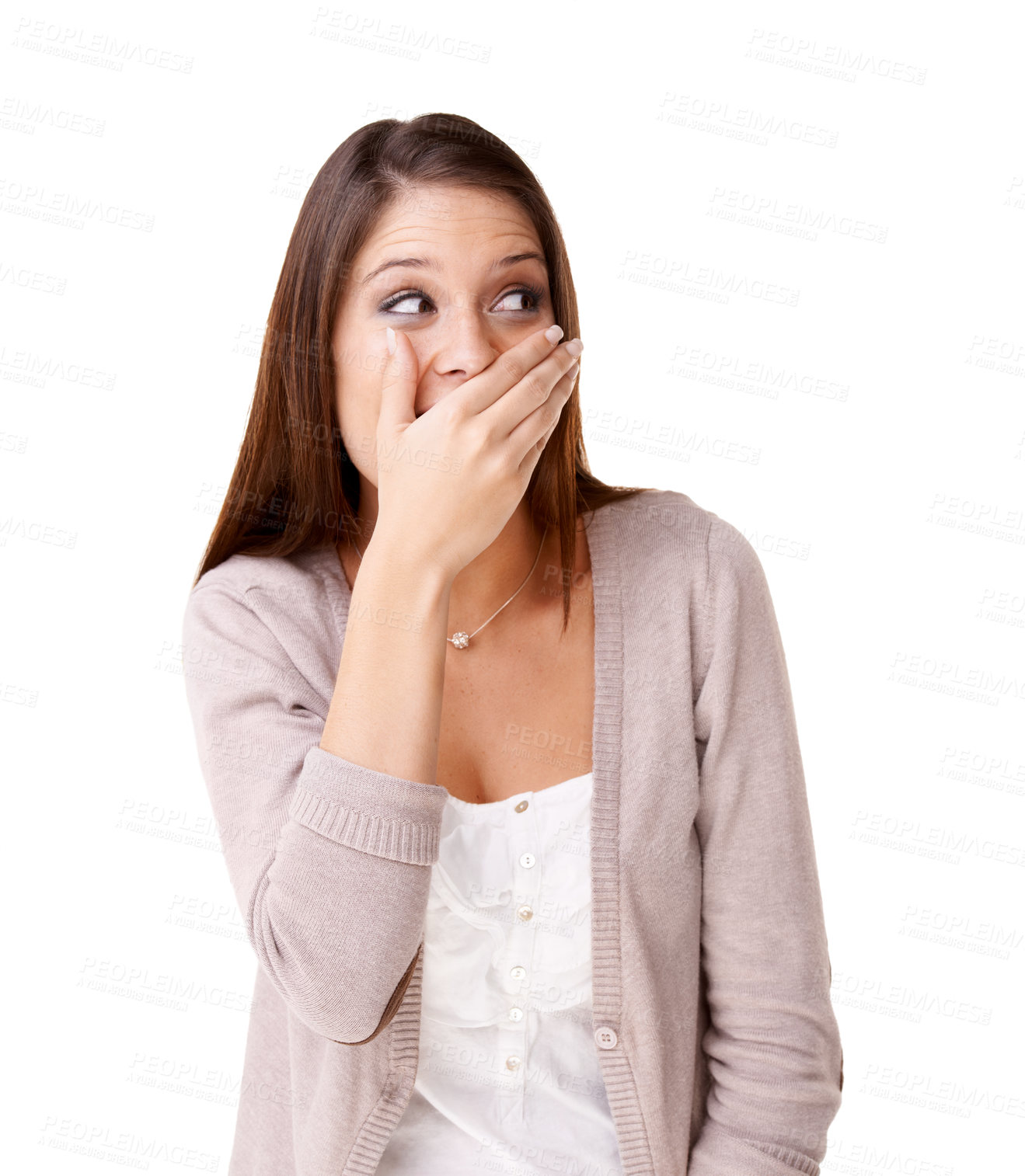 Buy stock photo Gossip, wow and hand on face of woman with surprise news in studio for announcement on white background. Emoji, drama and female model shocked by secret, story or deal, offer or competition giveaway