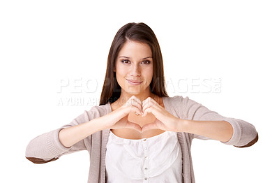 Buy stock photo Heart hands, portrait and woman in studio with support, hope or kindness icon on white background. Love, emoji and face of female model with thank you sign for donation, charity or gratitude gesture