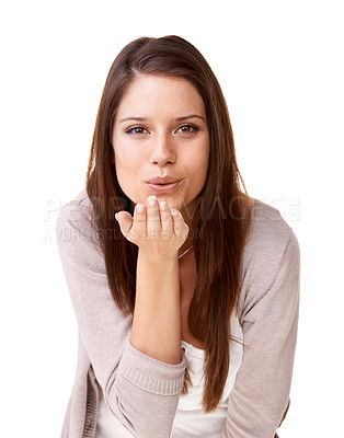 Buy stock photo Blowing kiss, woman and flirting in portrait, love and care or studio, face and white background or mockup. Female person, confidence and thank you or gratitude, motivation and romance or self love