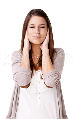 Buy stock photo Stress, anxiety and woman with hands on face in studio for noise, tinnitus or headache on white background. Vertigo, hearing loss or model with panic attack, trauma or sensitive ears sensory overload