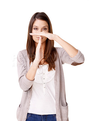 Buy stock photo Woman, portrait and hands in timeout, wait or pause against a white studio background. Casual young female person or model showing sign language, gesture or stop for break, halt or no on mockup space