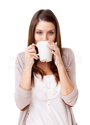 Buy stock photo Casual woman, portrait and drinking coffee in mug or cup against a white studio background. Calm, young and attractive female person with warm beverage, sip or morning in fresh start or stress relief