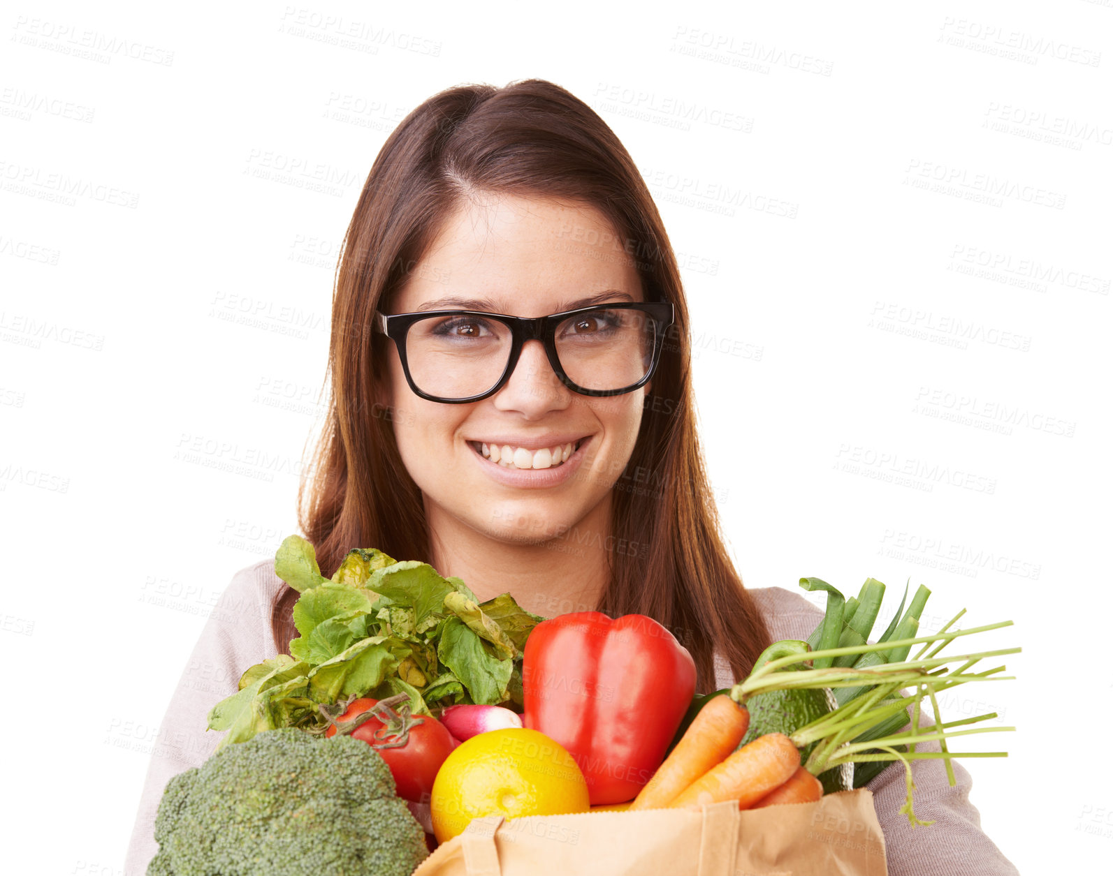 Buy stock photo Portrait, vegetables and woman with nutrition, smile and girl isolated on white studio background. Face, person and model with healthy food, glasses and diet plan with mockup space, happy or wellness