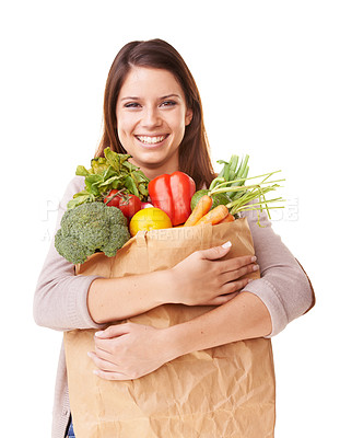 Buy stock photo Portrait, vegetables and woman with nutrition, brown bag and girl isolated on white studio background. Face, person or model with healthy food, vegan or diet plan with mockup space, happy or wellness
