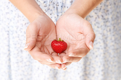 Buy stock photo Hands, woman and holding strawberry fruits for detox, vegan diet and eco nutrition of fresh ingredients. Closeup of red berries, healthy food and sustainable benefits of vitamin c, wellness and care