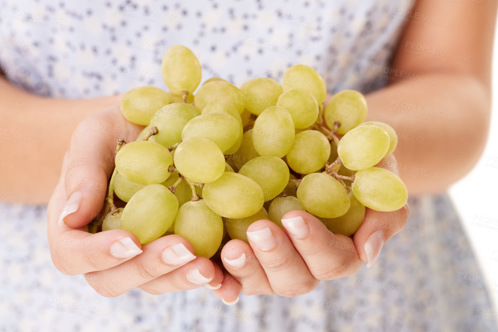 Buy stock photo Health, hands and closeup of woman with grapes in a studio for detox, vegan diet and fresh ingredient. Wellness, nutrition and zoom of female model with organic fruit for vitamins by white background