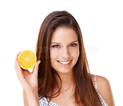 Buy stock photo Woman, portrait and orange fruits in studio for detox, vegan cosmetics and natural skincare on white background. Happy model, citrus food and healthy nutrition for sustainable benefits of vitamin c 