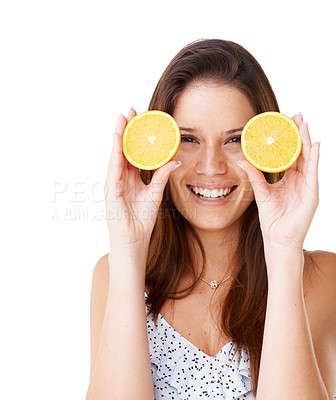 Buy stock photo Happy woman, portrait and orange fruits in studio for detox, vegan diet and natural skincare on mockup white background. Model, citrus food and healthy nutrition for sustainable benefits of vitamin c