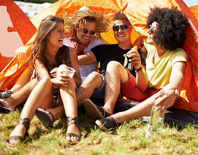 Buy stock photo Friends, music festival and tent at camp drinking for fun celebration, party event for holiday connection. People, concert and rave community or social vacation weekend or outdoor, laughing with beer