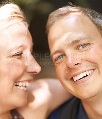 Buy stock photo Happy, portrait and couple together outdoor, healthy relationship or connection in summer freedom. Face smile, man and woman or romantic people bonding, support and trust on date, vacation or holiday
