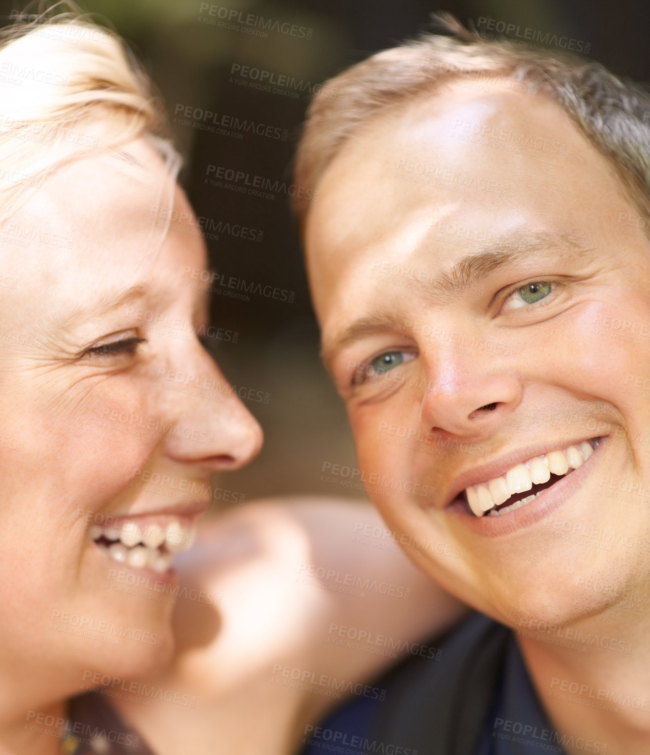 Buy stock photo Happy, portrait and couple together outdoor, healthy relationship or connection in summer freedom. Face smile, man and woman or romantic people bonding, support and trust on date, vacation or holiday