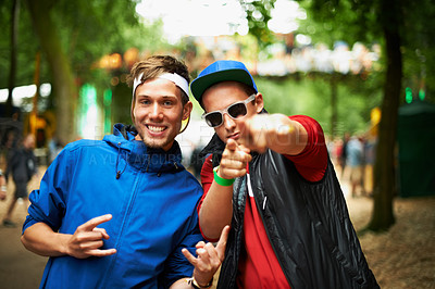 Buy stock photo Outdoor festival, portrait and happy friends, men or funky people for fun bonding, nature party rave or social gathering. Forest music concert, trendy fashion and guys at woods entertainment event