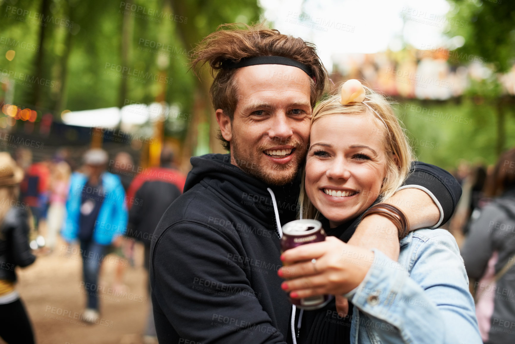 Buy stock photo Happy couple, portrait and outdoor festival for love, care or support at party, DJ event or music. Man and woman hug with smile in embrace, affection or trust for festive or summer celebration