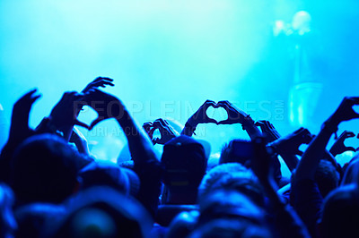 Buy stock photo People, heart hands and crowd with blue light for music concert for love, support and care of artist. Audience, fans and nightlife together with gesture for unity, community or solidarity at festival