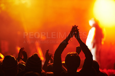 Buy stock photo People, silhouette and clapping for singer at festival, music or concert for performance. Audience, fans and together with back view for entertainment, rock and psychedelic with cheer for musician