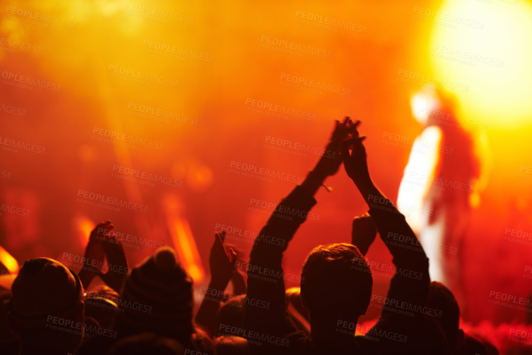 Buy stock photo People, silhouette and clapping for singer at festival, music or concert for performance. Audience, fans and together with back view for entertainment, rock and psychedelic with cheer for musician