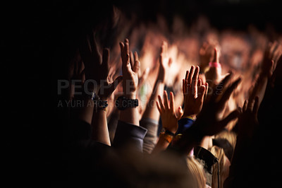 Buy stock photo Hands, crowd or audience or music festival at night for a party or event of celebration together. Concert, disco or dance with a group of people outdoor at a carnival for performance or entertainment