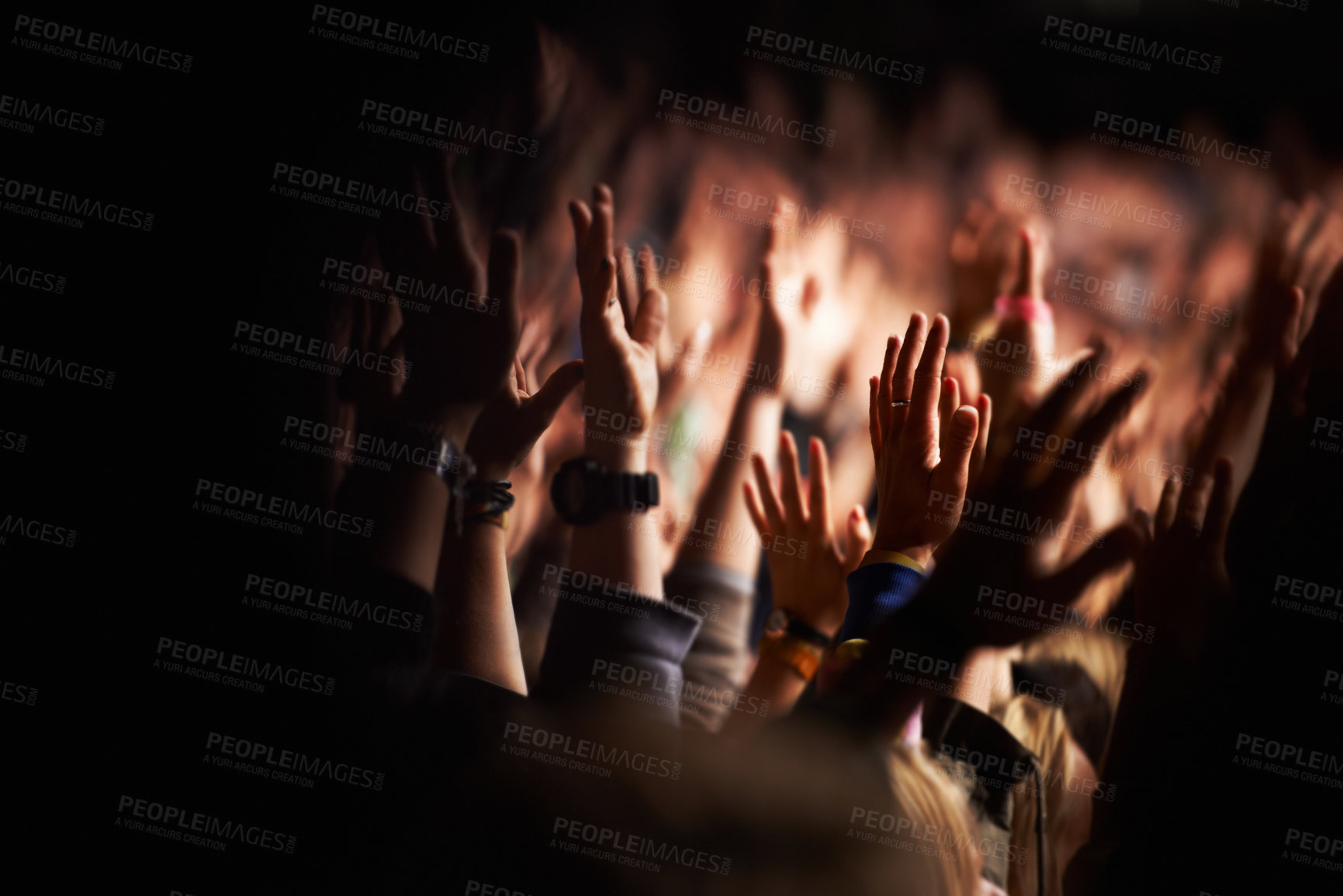 Buy stock photo Hands, crowd or audience or music festival at night for a party or event of celebration together. Concert, disco or dance with a group of people outdoor at a carnival for performance or entertainment