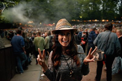 Buy stock photo Happy woman, portrait and peace sign at music festival for party, event or DJ concert in nature. Excited female person smile in night crowd or audience at carnival, performance or summer fest outside