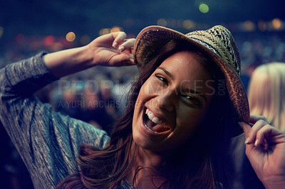 Buy stock photo Happy woman, portrait and face at music festival party, event or DJ concert for outdoor night. Excited female person smile in evening crowd or audience at carnival, performance or summer fest outside