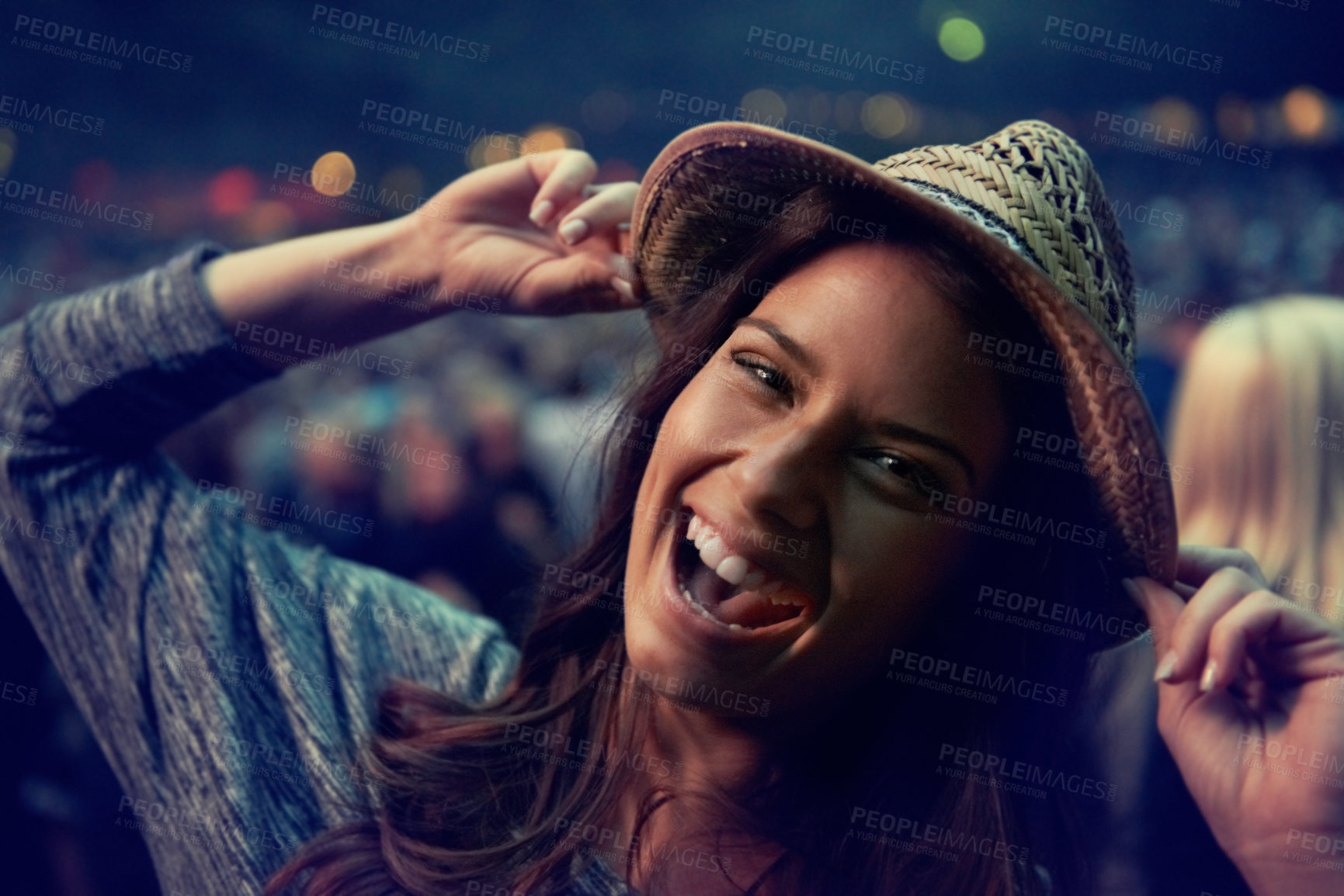 Buy stock photo Happy woman, portrait and face at music festival party, event or DJ concert for outdoor night. Excited female person smile in evening crowd or audience at carnival, performance or summer fest outside