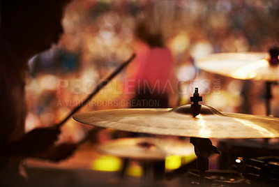 Buy stock photo Drums, playing and closeup of hands, music festival and concert in outdoors, talent and audience. Band, performance and entertainment for crowd, instrument and rhythm for people, sound and rock