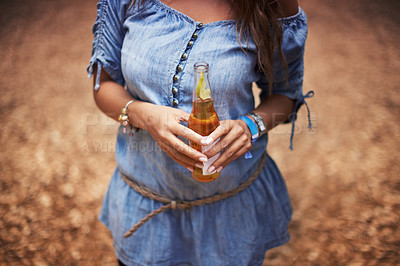 Buy stock photo Hands of woman at music festival with nature, beer and relax in woods for concert event. Alcohol, celebration and girl at outdoor party in freedom, adventure and person in park, forest or countryside