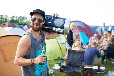 Buy stock photo Music festival, alcohol and man with boombox outdoors for social party, celebration and camp event. Happy, excited and person with beer or beverage at musical concert for freedom, vacation and radio