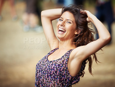 Buy stock photo Woman, outdoors and laughing in portrait, music festival and fun on vacation or traveling. Female person, face and holiday in Ibiza, casual and cool fashion for party, concert and happy for freedom