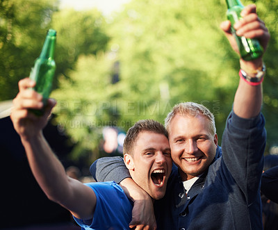 Buy stock photo Portrait of men at music festival with cheers, beer and excited hug in nature together. Drink, celebration and friends at outdoor party with freedom, adventure and happy people in park, forest or sun