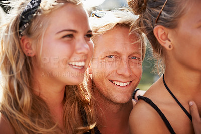 Buy stock photo Portrait, smile and friends at an outdoor music festival together for a concert, show or performance. Face, party and a group of young people in the crowd or audience of a summer celebration event