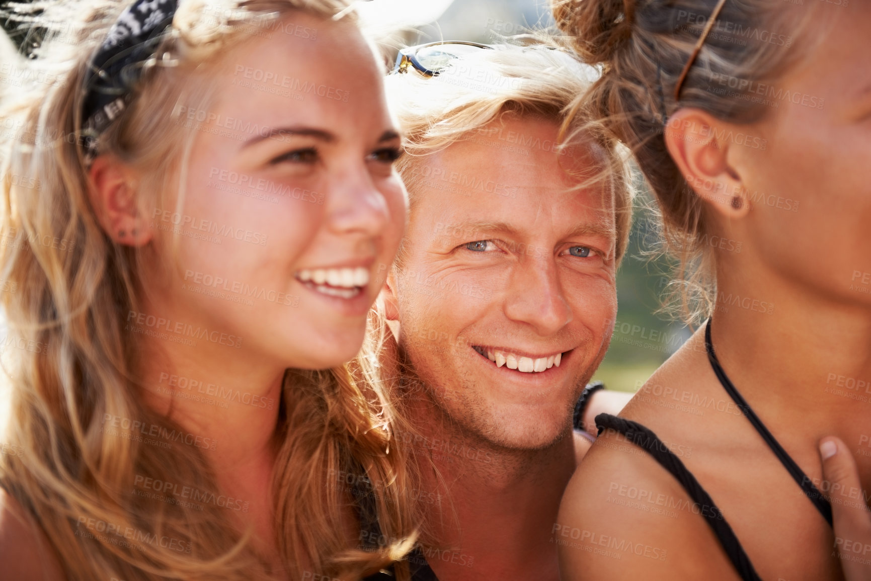 Buy stock photo Portrait, smile and friends at an outdoor music festival together for a concert, show or performance. Face, party and a group of young people in the crowd or audience of a summer celebration event
