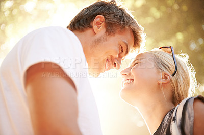 Buy stock photo Couple, smile and love in outdoors, commitment and loyalty for marriage in nature or forest. Man, woman and bonding or together outside, connection and affection on romantic date at park on vacation