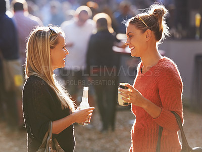Buy stock photo Women, beer outdoor or music festival in park or nature for celebration, discussion or group connection. Friends, event or smile for drinking alcohol beverages for summer, travel or holiday vacation