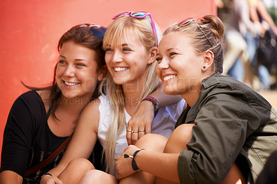 Buy stock photo Happy, reunion or friends in music festival on holiday vacation together to relax with smile. Outdoor party, youth culture or excited gen z women in concert for a fun memory or celebration event