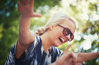 Buy stock photo Nature, dance or happy woman in music festival on holiday vacation to relax with smile in park. Shoulders, sunglasses or excited girl with freedom or youth culture for a fun party celebration event
